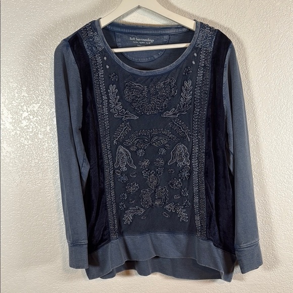 Soft Surroundings Blue Mineral Wash Sweatshirt Embroidered Velvet Panels Size LP - Picture 1 of 7